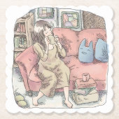 さなににじ　お部屋の中で真っ赤なソファに腰を掛けてまったりカップをすする女性のイラスト KARTONNEN ONDERZETTERS (Voorkant)