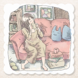 さなににじ　お部屋の中で真っ赤なソファに腰を掛けてまったりカップをすする女性のイラスト KARTONNEN ONDERZETTERS
