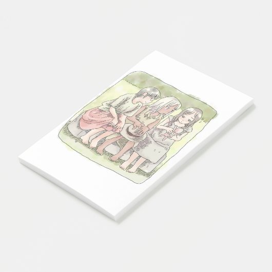 さなにやじ 野外で、椅子に座って仲良くしている三人の裸足の女の子のイラスト POST-IT® NOTES (Schuin)