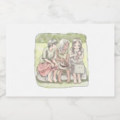 さなにやじ  野外で、椅子に座って仲良くしている三人の裸足の女の子のイラスト VOEDSELCONTAINER ETIKET (Enkel label)