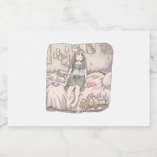 さなむさじ 寝室のピンクのベッドに腰かけて目を閉じている素足の女性のイラスト SPARKLING WIJNETIKET (Enkel label)