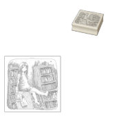 さなやくじ　水色のお部屋で、たくさんある本棚の一つの上に座っている素足の女性のイラスト RUBBERSTEMPEL (Gestempeld)