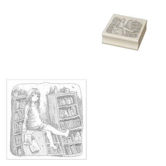 さなやくじ　水色のお部屋で、たくさんある本棚の一つの上に座っている素足の女性のイラスト RUBBERSTEMPEL (Gestempeld)