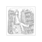 さなやくじ　水色のお部屋で、たくさんある本棚の一つの上に座っている素足の女性のイラスト RUBBERSTEMPEL (Afrduk)