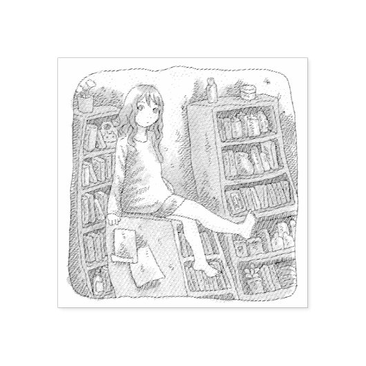 さなやくじ 水色のお部屋で、たくさんある本棚の一つの上に座っている素足の女性のイラスト RUBBERSTEMPEL (Afrduk)