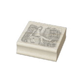 さなやくじ　水色のお部屋で、たくさんある本棚の一つの上に座っている素足の女性のイラスト RUBBERSTEMPEL (Stempel)