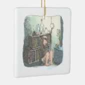 さなやにじ 薄明るい水色のお部屋の本棚のそばで座る素足の女性のイラスト KERAMISCH ORNAMENT (Rechts)