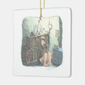 さなやにじ 薄明るい水色のお部屋の本棚のそばで座る素足の女性のイラスト KERAMISCH ORNAMENT (Links)