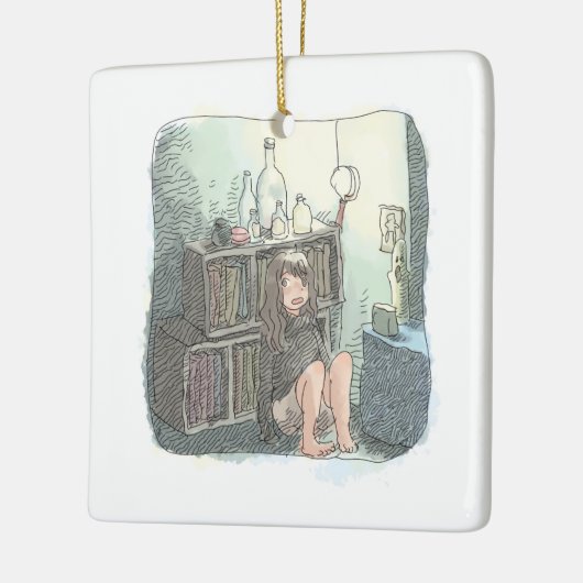 さなやにじ   薄明るい水色のお部屋の本棚のそばで座る素足の女性のイラスト KERAMISCH ORNAMENT (Links)