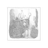 さなやにじ  薄明るい水色のお部屋の本棚のそばで座る素足の女性のイラスト RUBBERSTEMPEL (Afrduk)