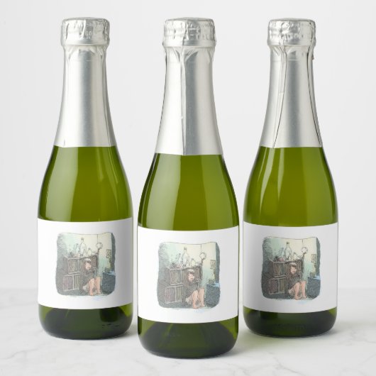 さなやにじ  薄明るい水色のお部屋の本棚のそばで座る素足の女性のイラスト SPARKLING WIJNETIKET (Flessen)