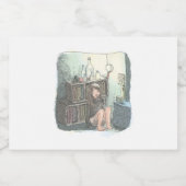 さなやにじ 薄明るい水色のお部屋の本棚のそばで座る素足の女性のイラスト SPARKLING WIJNETIKET (Enkel label)