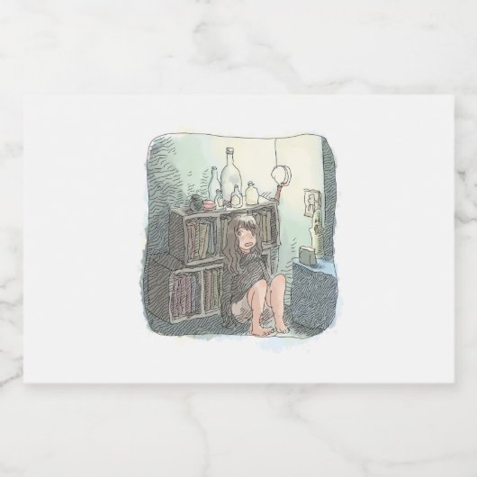 さなやにじ  薄明るい水色のお部屋の本棚のそばで座る素足の女性のイラスト SPARKLING WIJNETIKET (Enkel label)