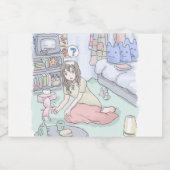 さにしれじ 緑のカーペットが敷いてある寝室でへたり込んでいる女性のイラスト VOEDSELCONTAINER ETIKET (Enkel label)