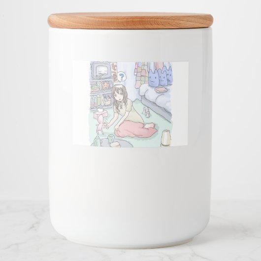 さにしれじ 緑のカーペットが敷いてある寝室でへたり込んでいる女性のイラスト VOEDSELCONTAINER ETIKET (Voorkant)