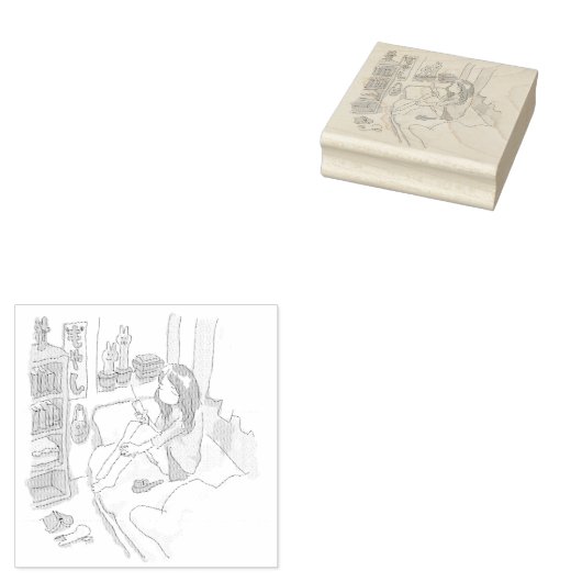 さにれれじ　水色の寝室でベッドに腰掛けてしょんぼりしている女性 RUBBERSTEMPEL (Gestempeld)