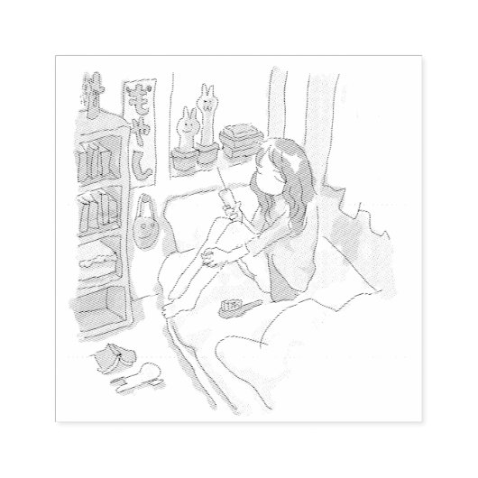 さにれれじ　水色の寝室でベッドに腰掛けてしょんぼりしている女性 RUBBERSTEMPEL (Afrduk)