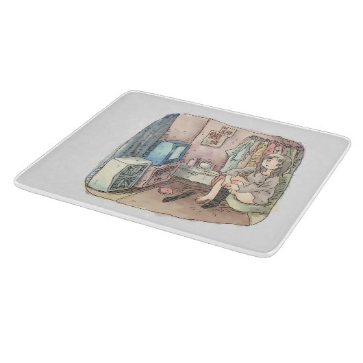 さやしくじ　衣類のかけてある部屋の座椅子に座ってテレビを見ながら靴下をはいている女性のイラスト SNIJPLANK (Hoek)