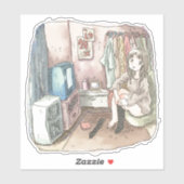 さやしくじ 衣類のかけてある部屋の座椅子に座ってテレビを見ながら靴下をはいている女性のイラスト STICKER (Vel)