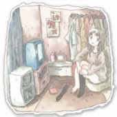 さやしくじ 衣類のかけてある部屋の座椅子に座ってテレビを見ながら靴下をはいている女性のイラスト STICKER (Voorkant)