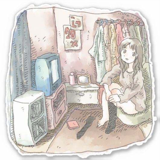 さやしくじ 衣類のかけてある部屋の座椅子に座ってテレビを見ながら靴下をはいている女性のイラスト STICKER (Voorkant)