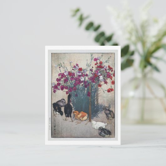 ひ こ, Dianthus & Chicks, Hiroshi Yoshida, Woodcut Briefkaart (Staand voorkant)
