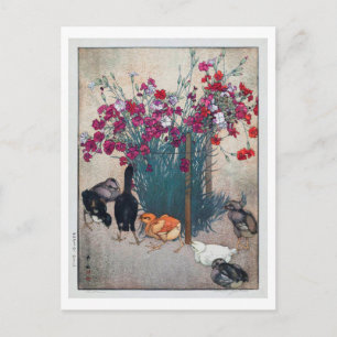 ひ こ, Dianthus & Chicks, Hiroshi Yoshida, Woodcut Briefkaart