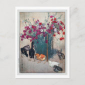 ひ こ, Dianthus & Chicks, Hiroshi Yoshida, Woodcut Briefkaart (Voorkant)