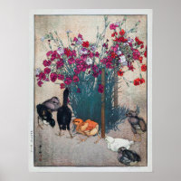 ひ こ, Dianthus & Chicks, Hiroshi Yoshida, Woodcut