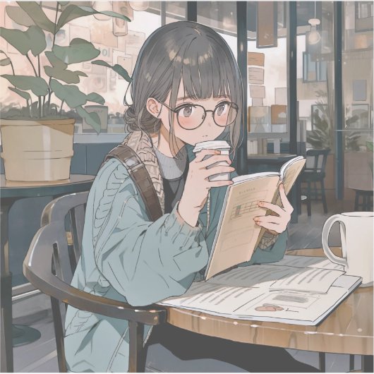 カフェで勉強するJKシール|寿司娘 GenerativeAI Sticker (Voorkant)