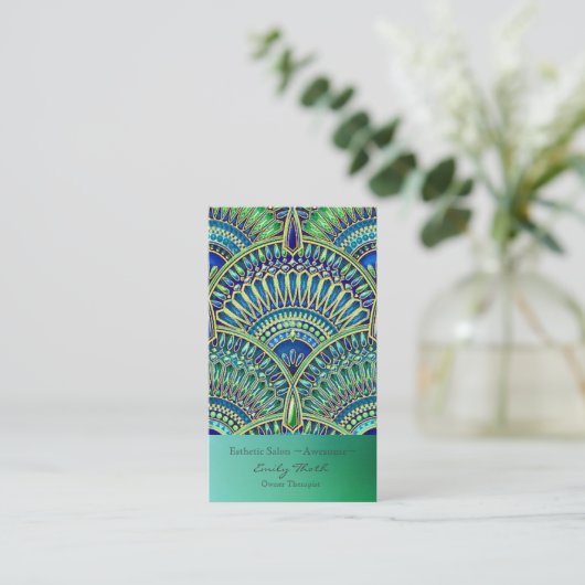 キレイな青と緑　孔雀デザイン VISITEKAARTJE (Staand voorkant)