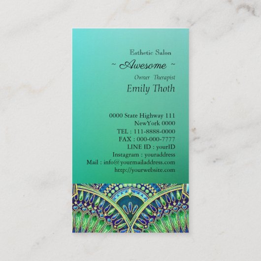 キレイな青と緑　孔雀デザイン VISITEKAARTJE (Achterkant)