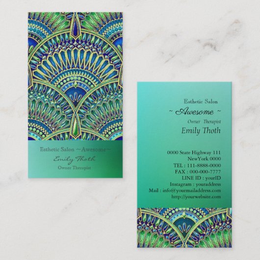 キレイな青と緑　孔雀デザイン VISITEKAARTJE (Voorkant / Achterkant)