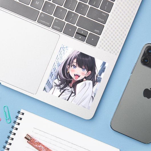 シール｜あっかんベーJK｜寿司娘 GenerativeAI Sticker (Laptop met iPhone)