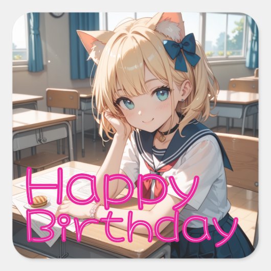 セーラー服を着た猫耳の少女 VIERKANTE STICKER (Voorkant)