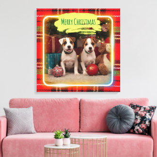 チェック柄がかわいいジャックラッセルテリアの子犬たちとクリスマス♡ CANVAS AFDRUK