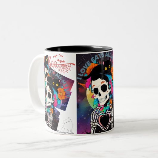 ツートーンマグカップ, 325 ml**スカル＆ブラックキャット ハロウィンマグカップ  tweekleurige koffiemok (Voorkant links)