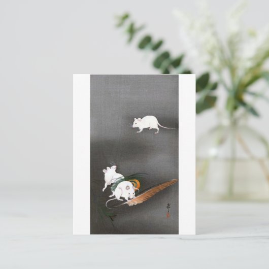 ネ ミ 羽, 古 邨 Mouse en Feather, Ohara Koson Briefkaart (Staand voorkant)