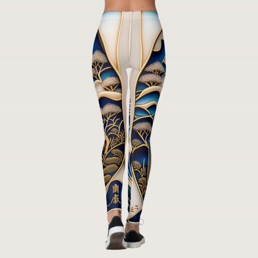 ビンテージな日本の浮世絵北斎イズムとローファイアートが融合した着物柄のレギンス LEGGINGS (Achterkant)