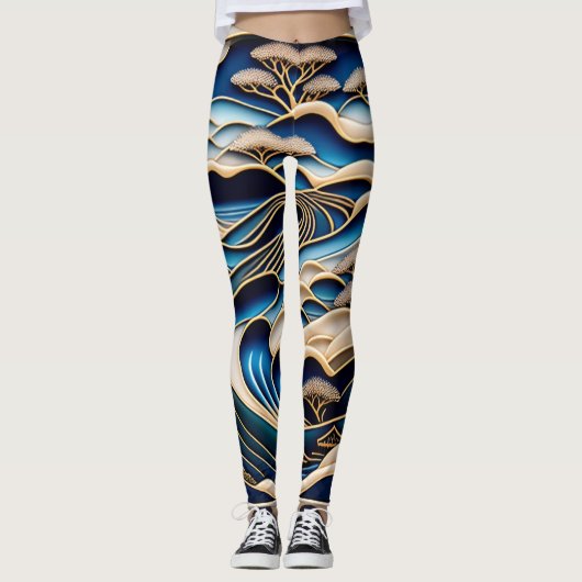 ビンテージな日本の浮世絵北斎イズムとローファイアートが融合した着物柄のレギンス LEGGINGS (Voorkant)