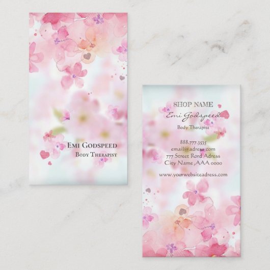 ピンクの桜の花びらが舞うオシャレな名刺  VISITEKAARTJE (Voorkant / Achterkant)