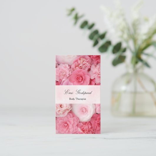 ピンクの花のかわいい名刺 VISITEKAARTJE (Staand voorkant)