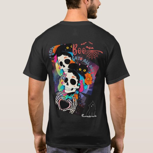ベーシックダークTシャツ(スカルと黒猫のハロウィーンTシャツ) T-SHIRT (Achterkant)