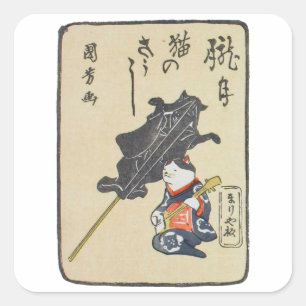 三 味 く 猫,  bij Guitar, Kuniyoshi, Ukiyoe Vierkante Sticker