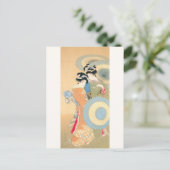 上村松園 花 着物 女性 舞妓 芸者 日本画 美人画 浮世絵 オレンジ 青 BRIEFKAART (Staand voorkant)