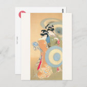 上村松園 花 着物 女性 舞妓 芸者 日本画 美人画 浮世絵 オレンジ 青 BRIEFKAART (Voorkant / Achterkant)