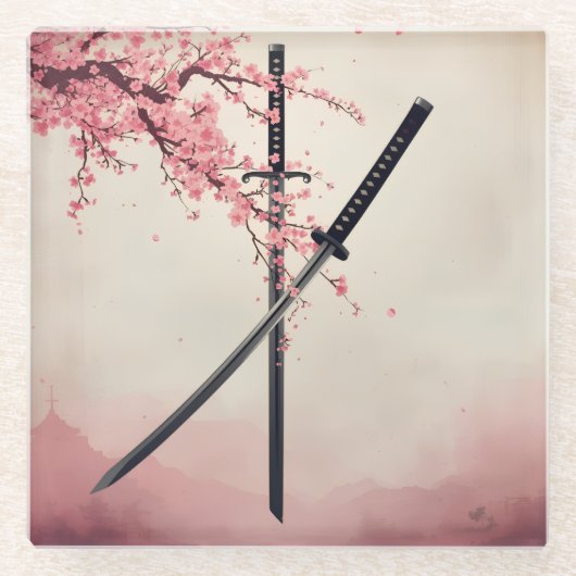 「刀と散華（Katana to Sange）」 Glazen Onderzetter (Voorkant)