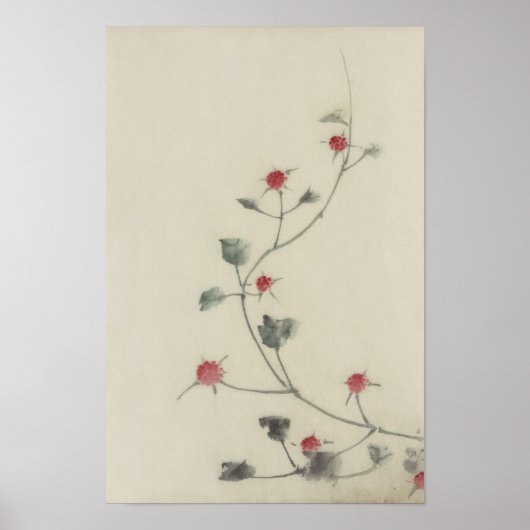 北斎 Red Blossoms on Vine Hokusai Fine Art Poster (Voorkant)