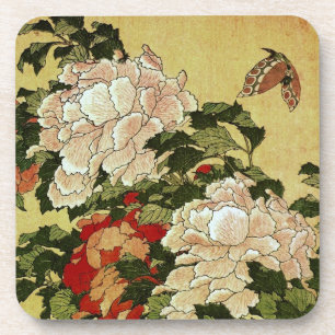 北 斎 Hokusai Peonies & Butterflies Fine Art Bier Onderzetter
