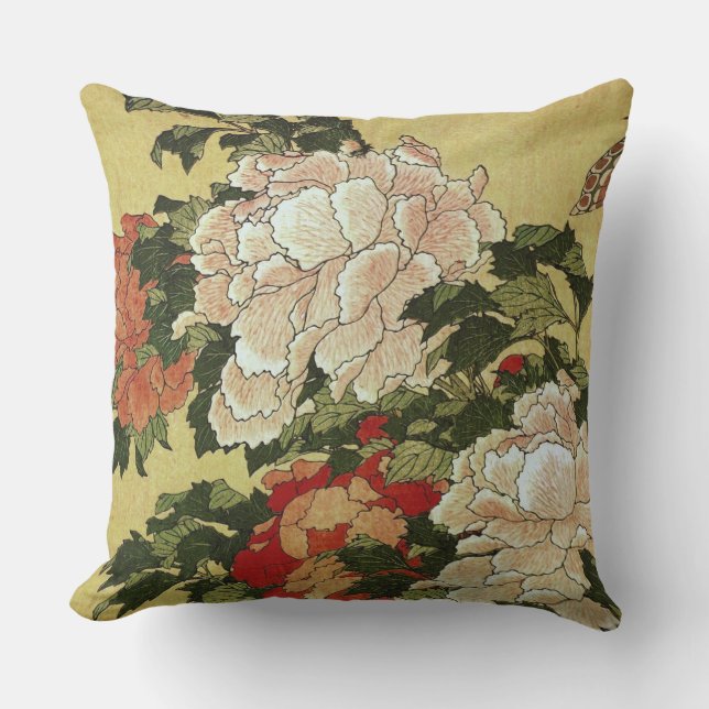 北 斎 Hokusai Peonies & Butterflies Fine Art Buitenkussen (Voorkant)